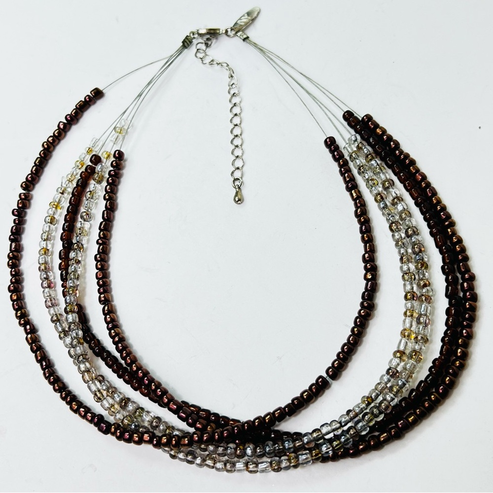 Multi-Strand Glass Bead Choker Necklace Silver & Dark Metallic Adjustable - Picture 5 of 5
